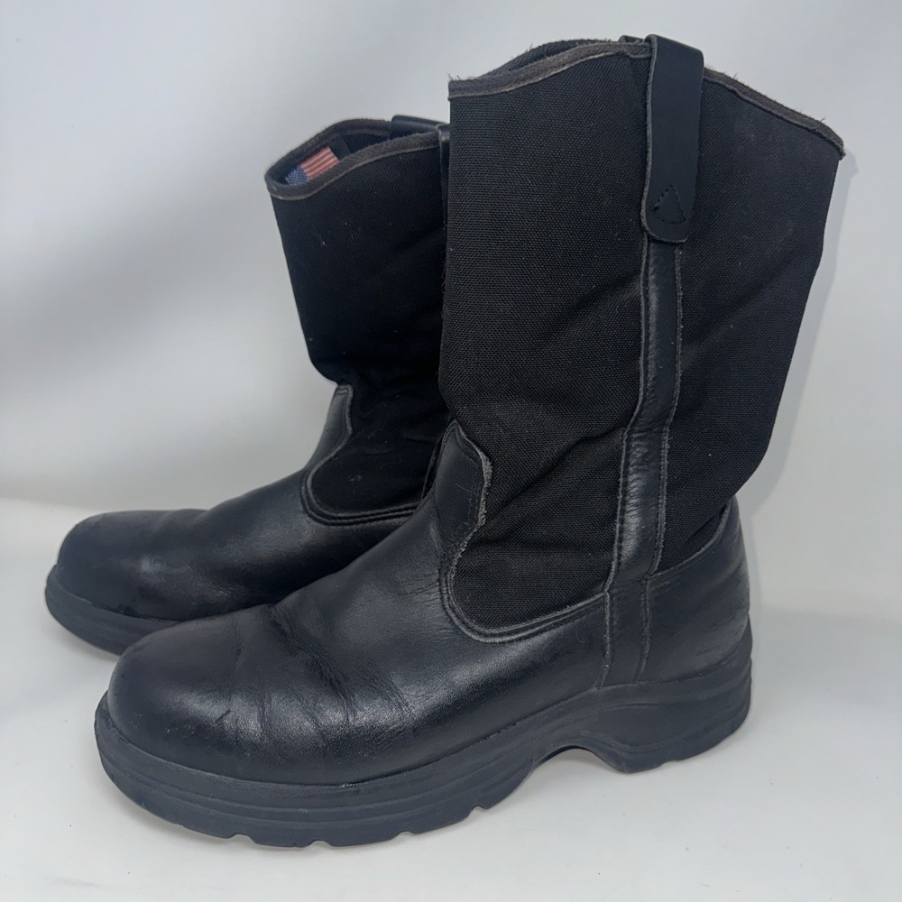 Thorogood USA Mens 9 Black Leather Canvas Pull On Safety Toe Work Boots Roper